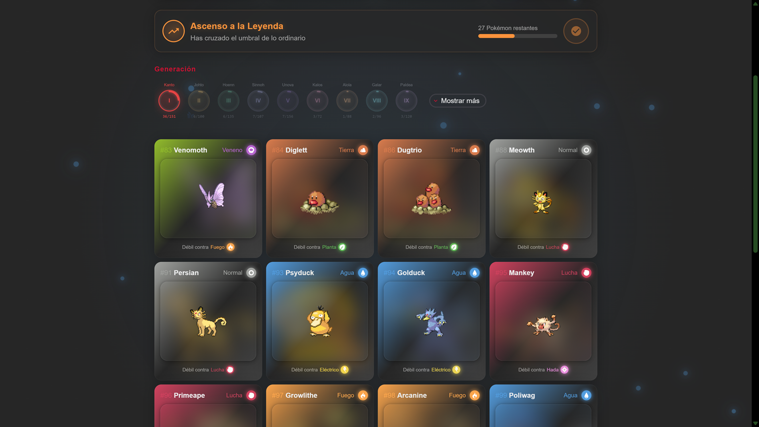 Home view with the Pokémon roster grid