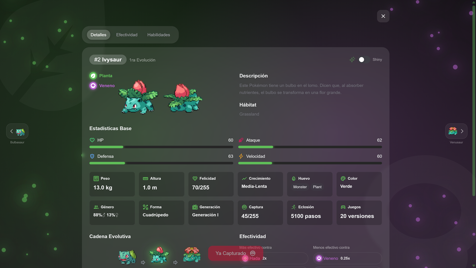 Pokédex detail view with stats and sprites